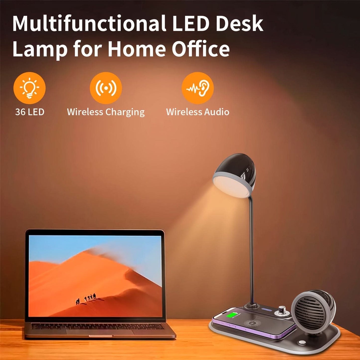LED Desk Lamp with Wireless Charger & Speaker