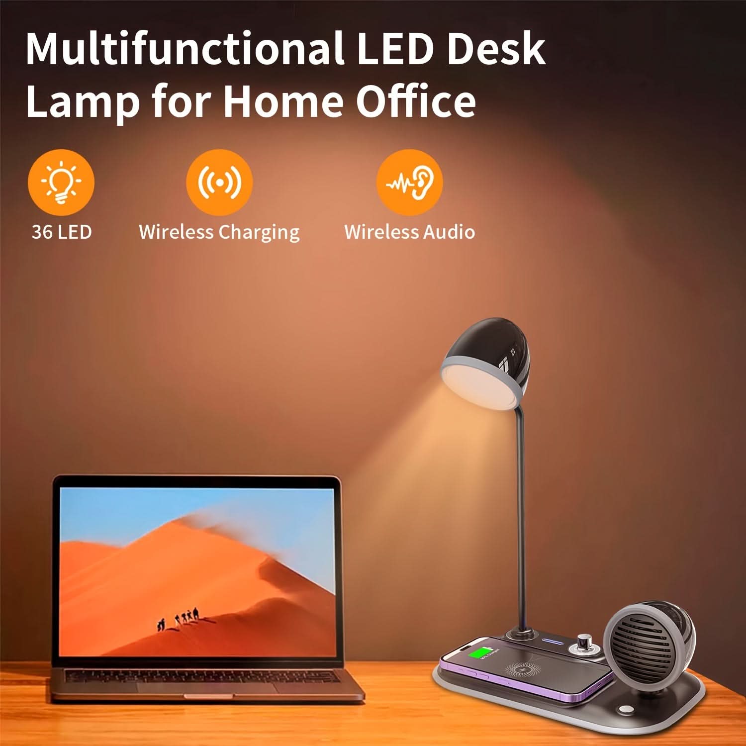 LED Desk Lamp with Wireless Charger & Speaker