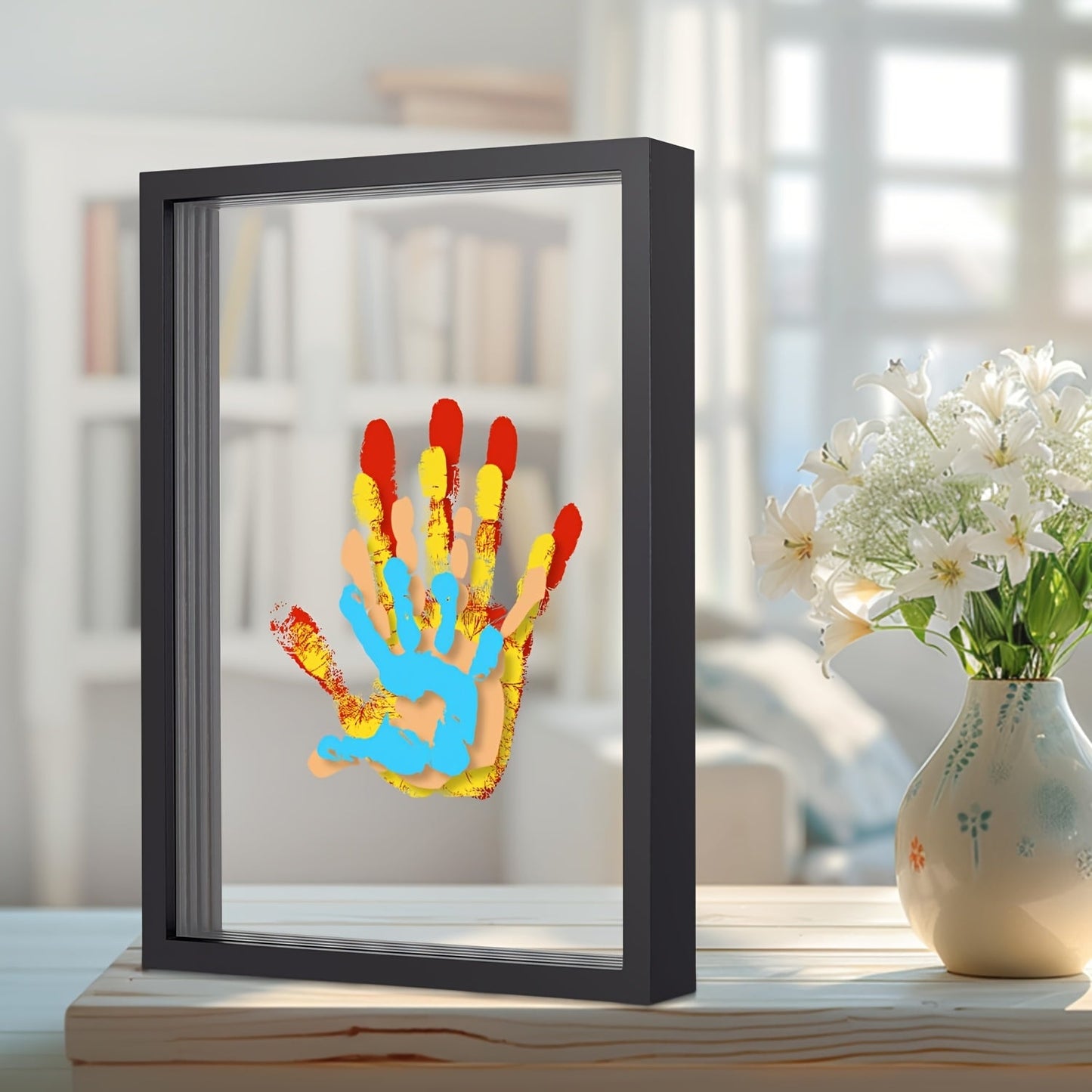 DIY Family Handprint Keepsake Kit – Painted Wooden Picture Frame, 6-Color Ink Pad Set