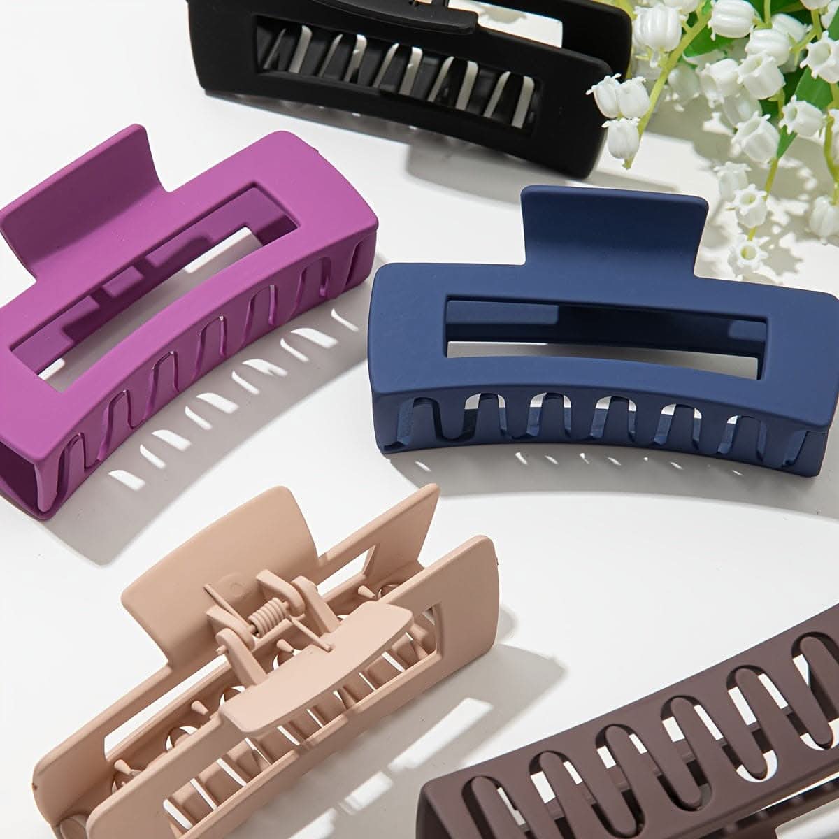 5pcs Solid Color Hollow Out Rectangular Hair Claw Clips