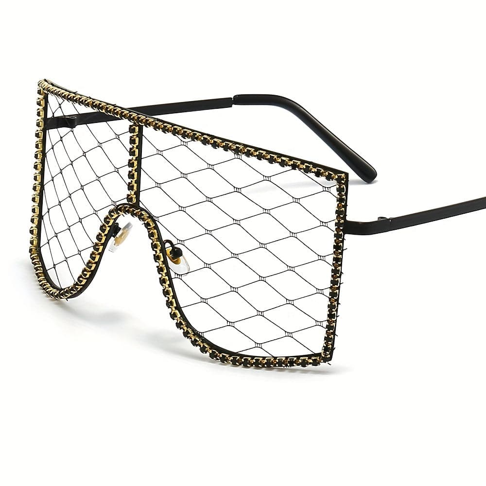 Luxury Rhinestone Mesh Shield Glasses for Women - Sparkling Square Eyewear, Protective Lens