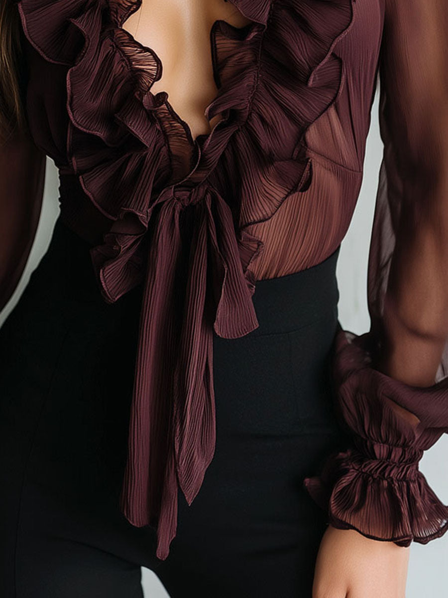 Retro Plum Sheer Ruffled Tie-Front Chiffon Blouse