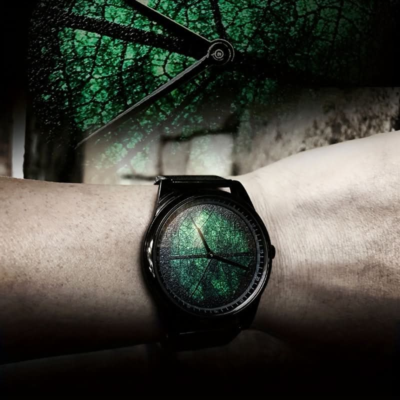 Men's Funky Quartz Watch with 3D Leaf Vein Dial – Unique Texture, Stainless Steel Strap