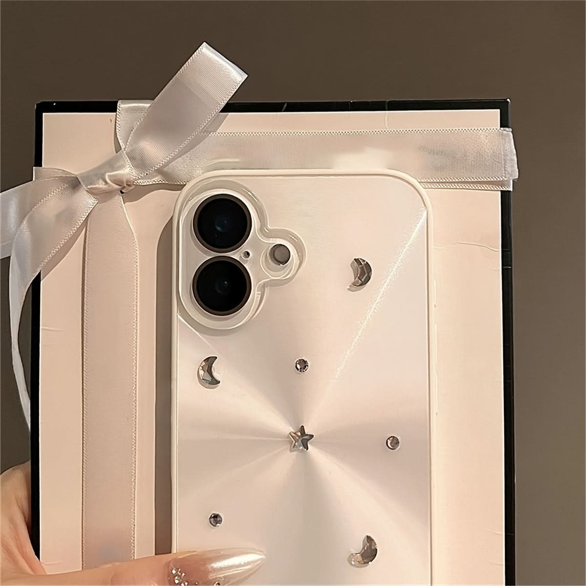 3D Glitter Moon Stars iPhone Case-White