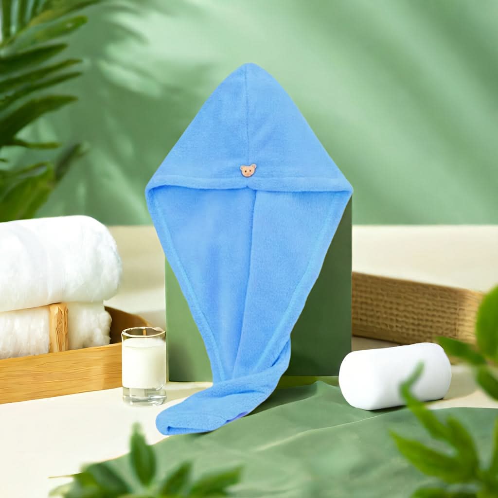 Ultra-Soft Coral Fleece Hair Drying Towel – Quick-Dry, Odor-Free, Cute Bear Button
