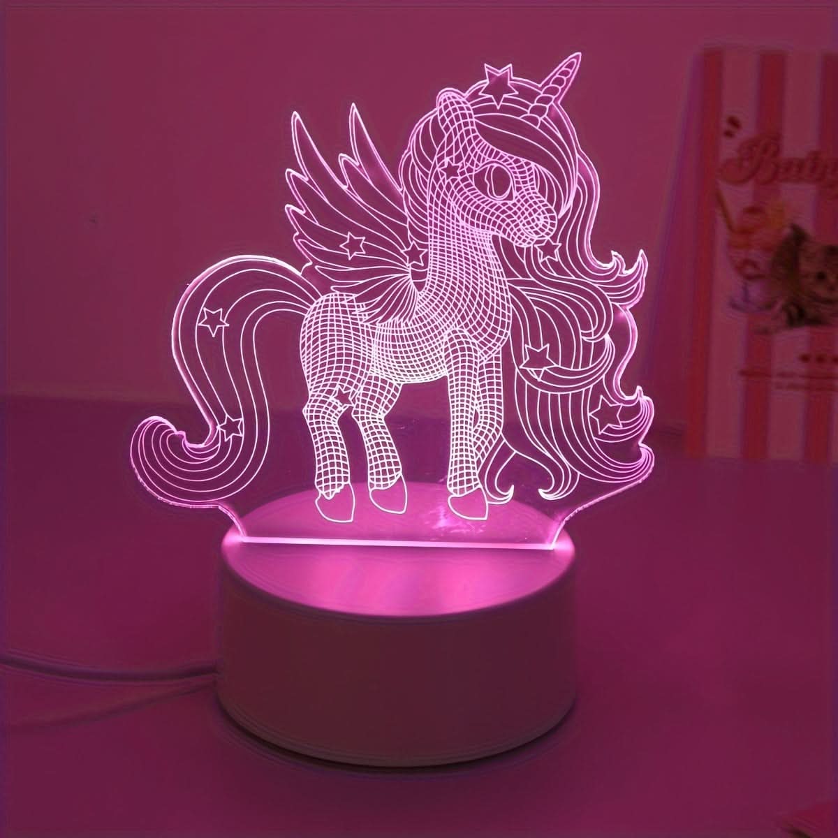 3D Unicorn Night Light - USB Powered Pink LED Lamp