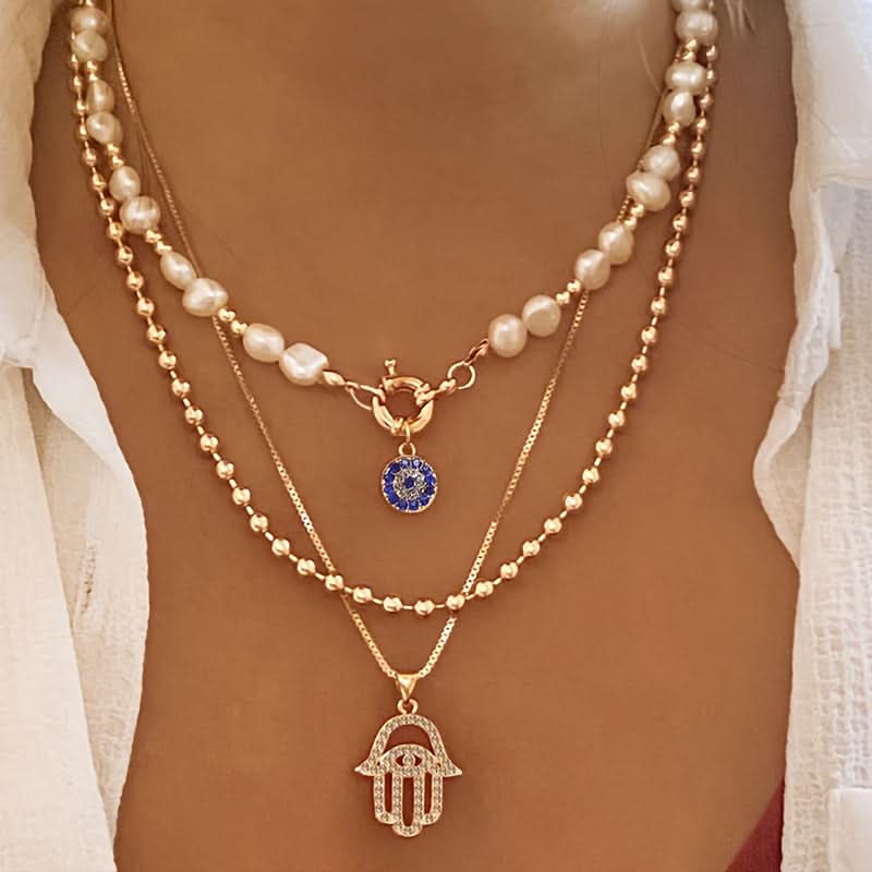 Elegant Layered Hamsa Necklace with Rhinestones