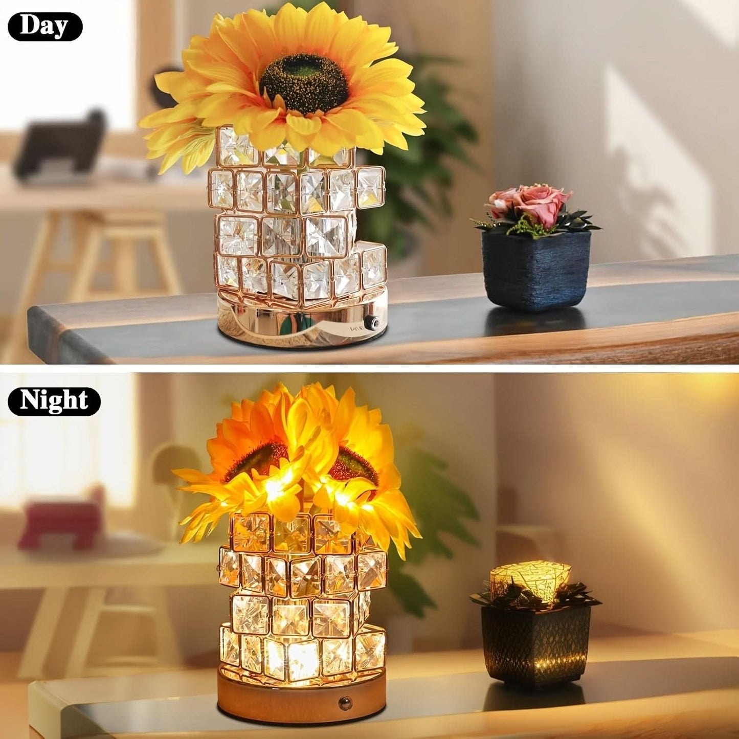 LED Sunflower Night Light with Crystal Vase – USB Rechargeable
