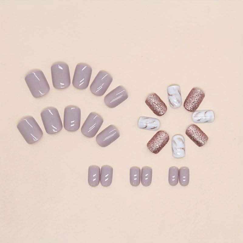 24pcs Short Square Press-On Nails – Gloss Glitter Marble Full Cover