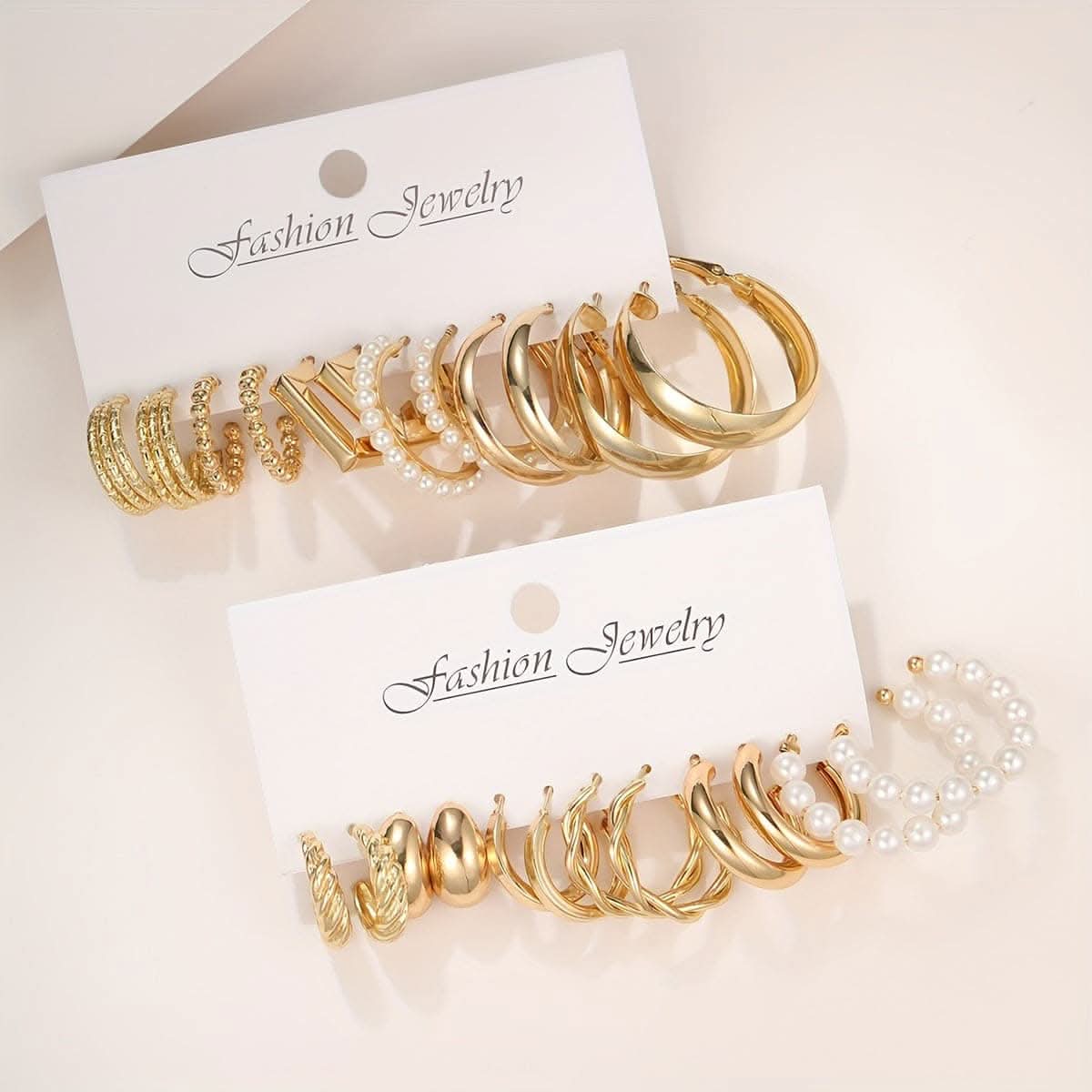 24-Pair Chic Geometric & Faux Pearl Hoop Earrings Set