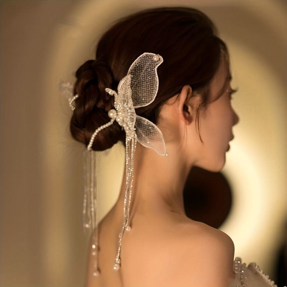 Butterfly Pearl Tassel Bridal Hair Clips