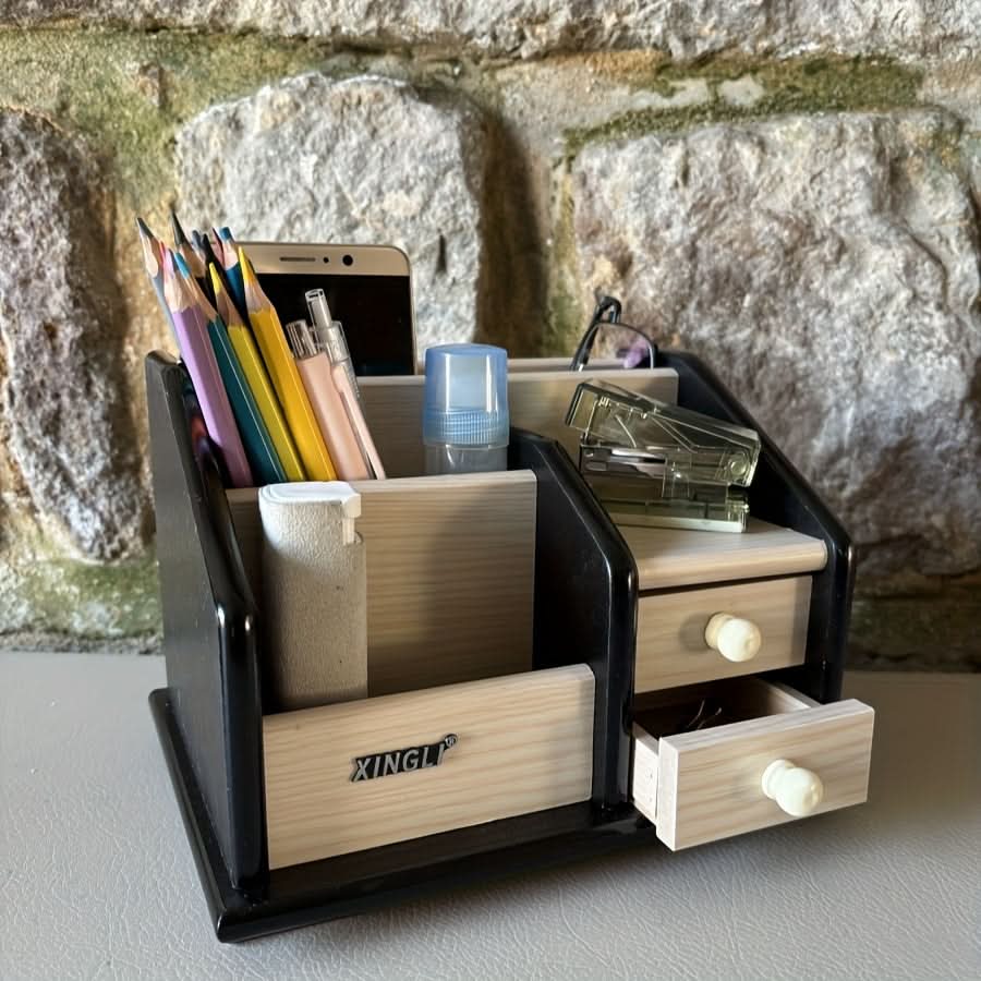 Wooden Desk Organizer with Drawers, Multifunctional