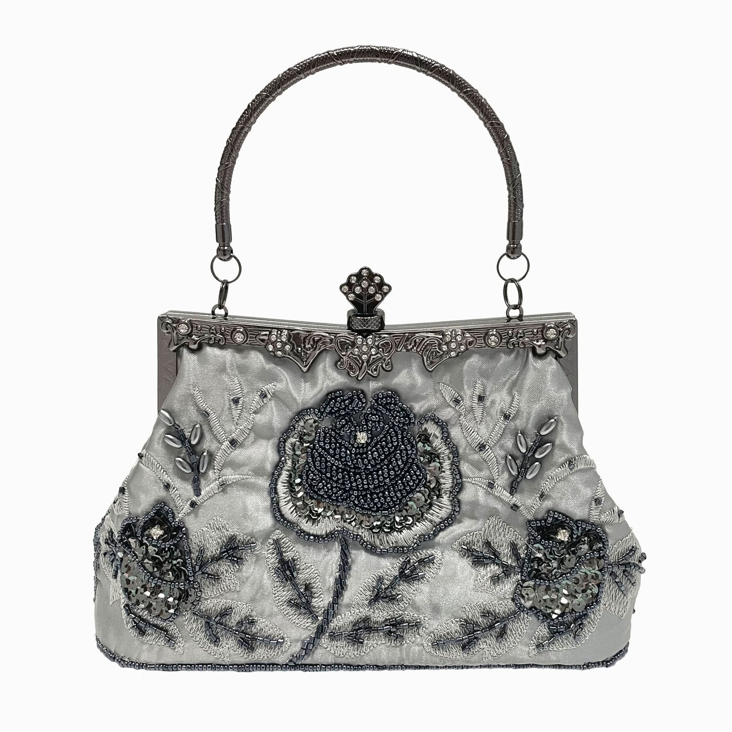 Vintage Floral Beaded Clutch, Satin Evening Bag