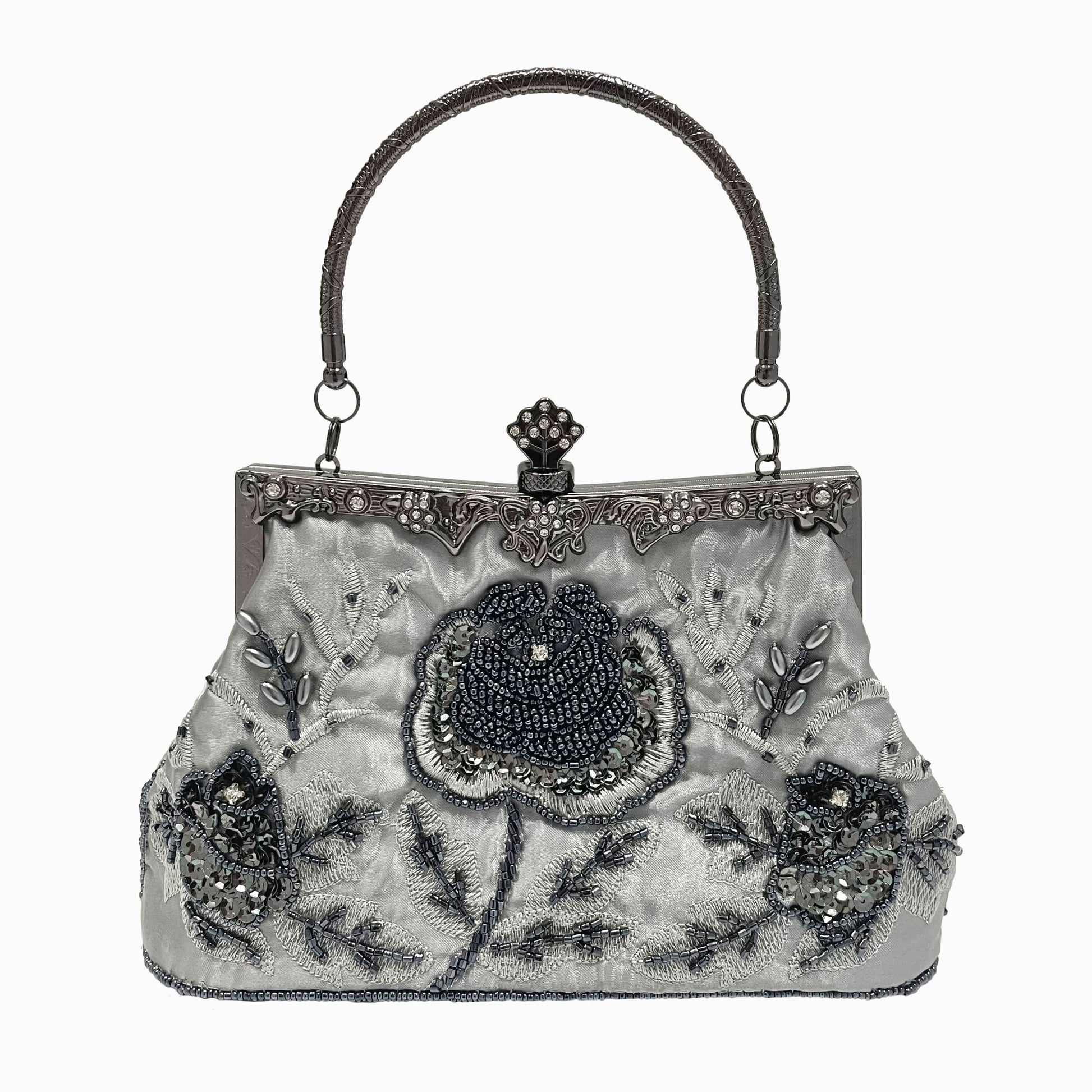 Vintage Floral Beaded Clutch, Satin Evening Bag