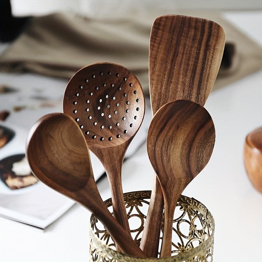 7pcs Natural Teak Wooden Spoons - Non-Stick Spatula Set
