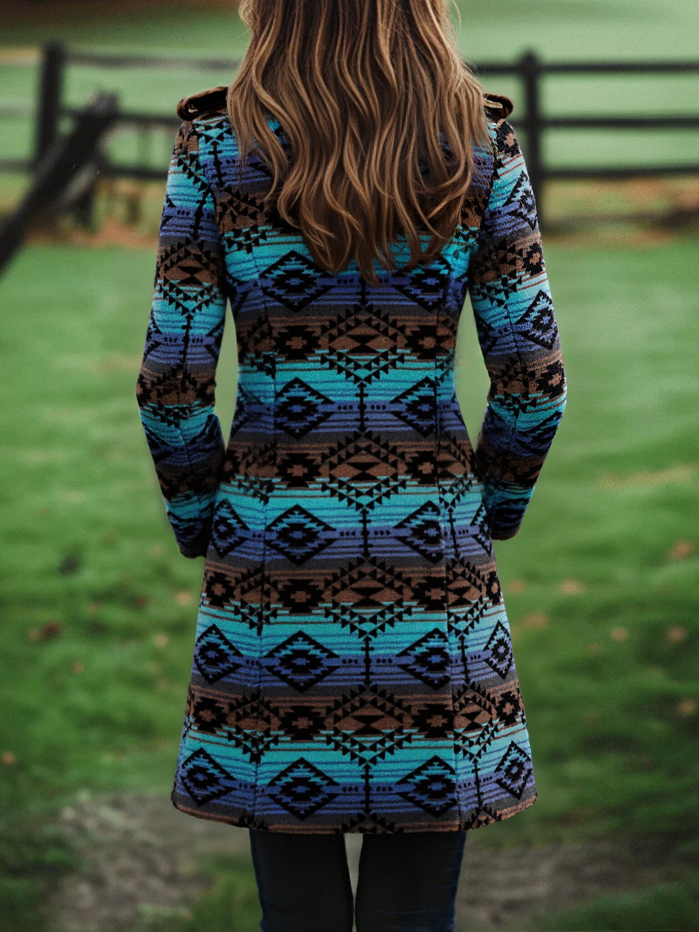 Retro Boho Longline Tribal Print Wool Long  Coat