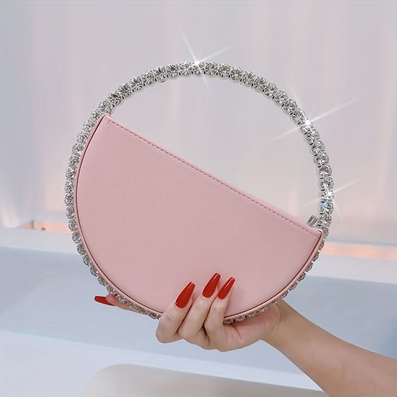 Rhinestone Ring Evening Clutch, White Faux Leather