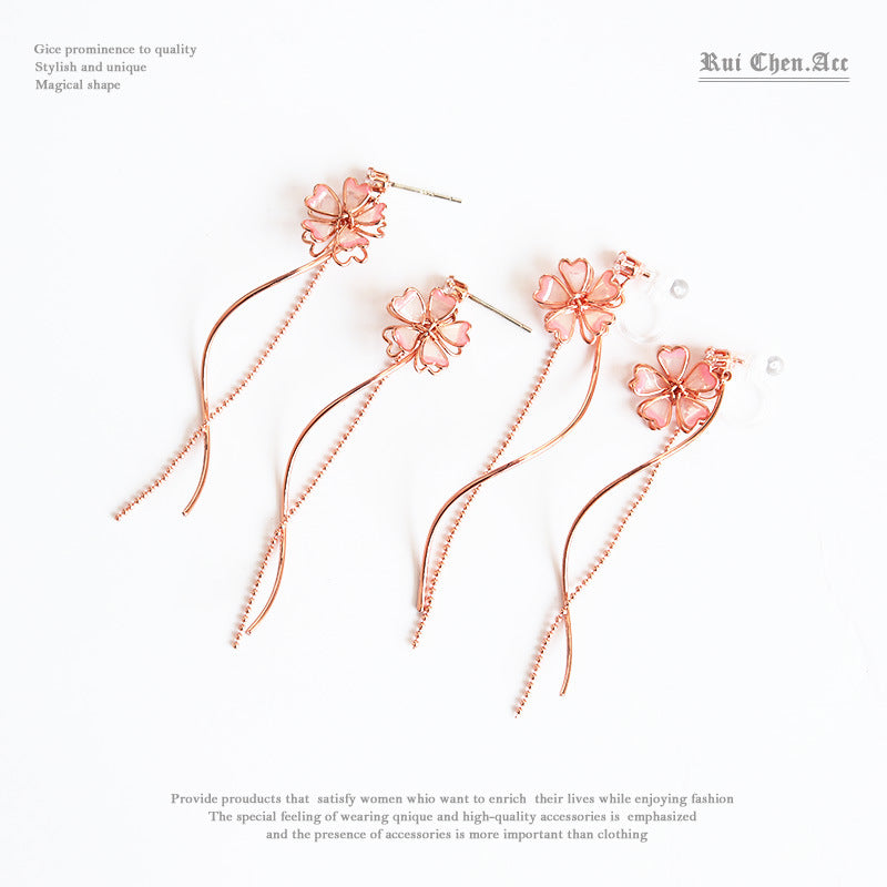 Sakura Tassel Earrings – Pastoral Floral Clip-On Jewelry