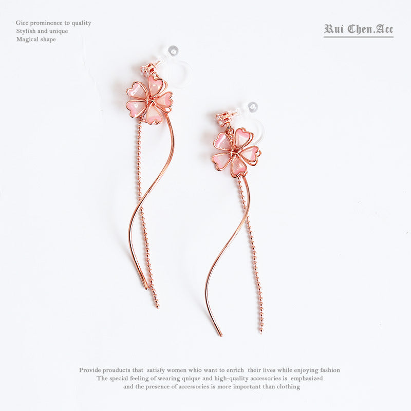 Sakura Tassel Earrings – Pastoral Floral Clip-On Jewelry