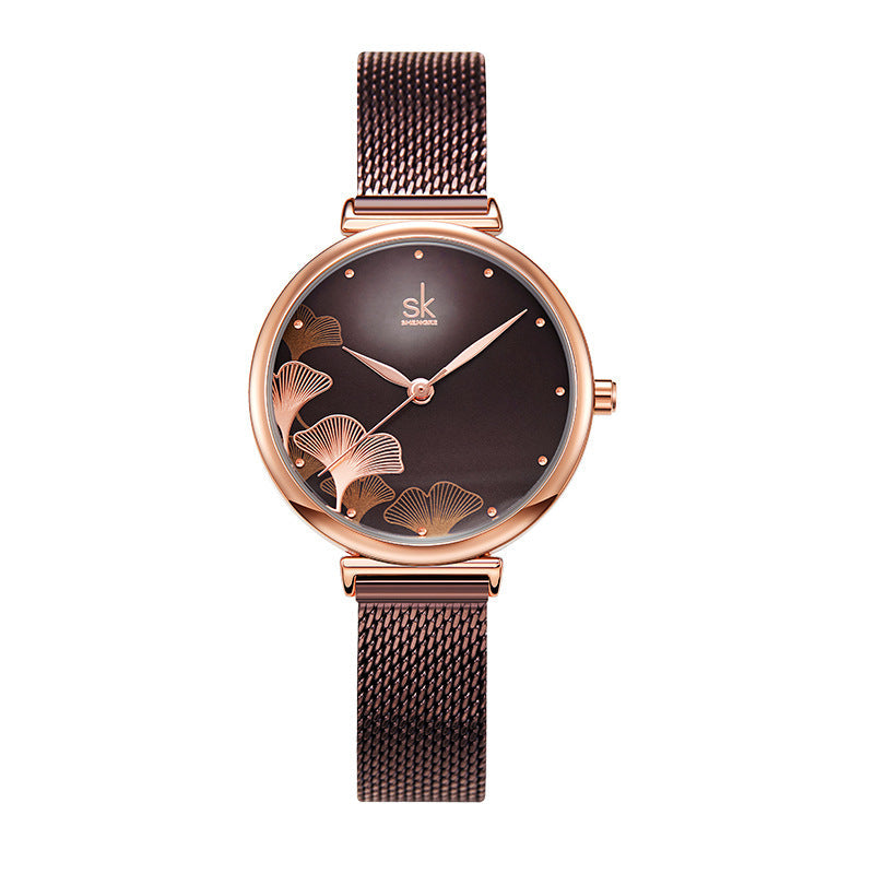 SK Women’s Quartz Watch – Ginkgo Leaf Dial, Steel Mesh & Leather Strap, 30M Waterproof