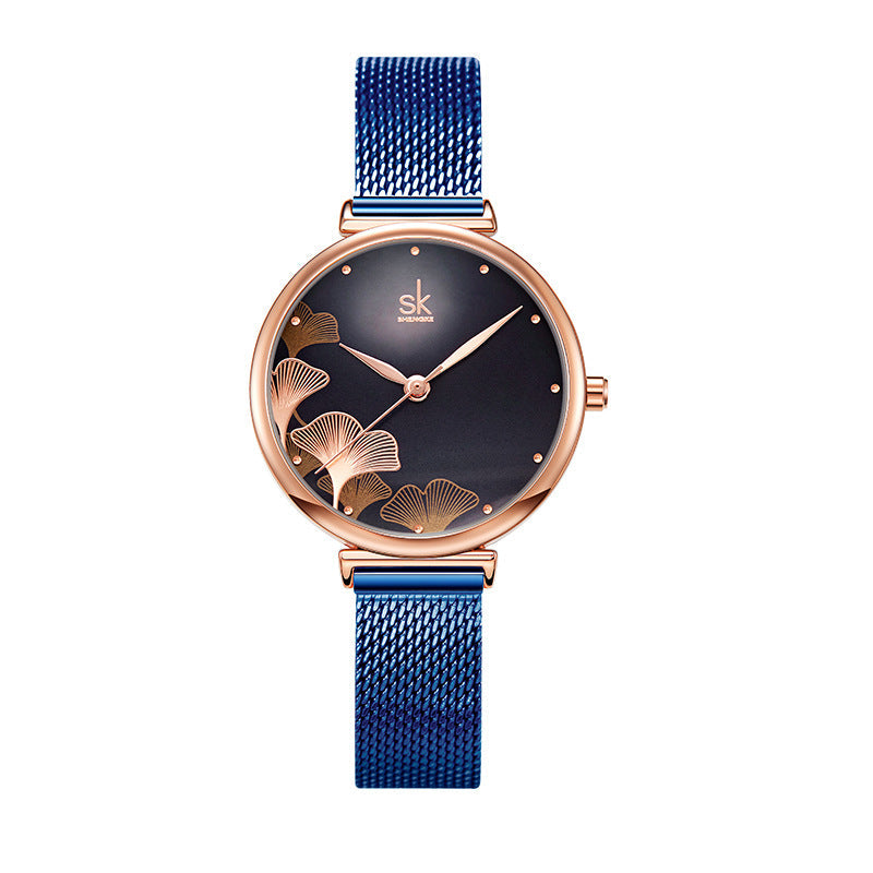 SK Women’s Quartz Watch – Ginkgo Leaf Dial, Steel Mesh & Leather Strap, 30M Waterproof