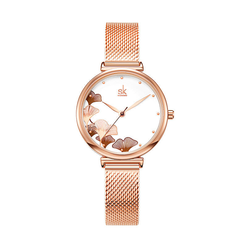 SK Women’s Quartz Watch – Ginkgo Leaf Dial, Steel Mesh & Leather Strap, 30M Waterproof