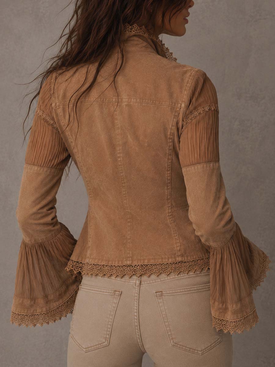 Boho Vintage Lace Trim Pocket Patchwork Sheer Flare Long Sleeve Jacket