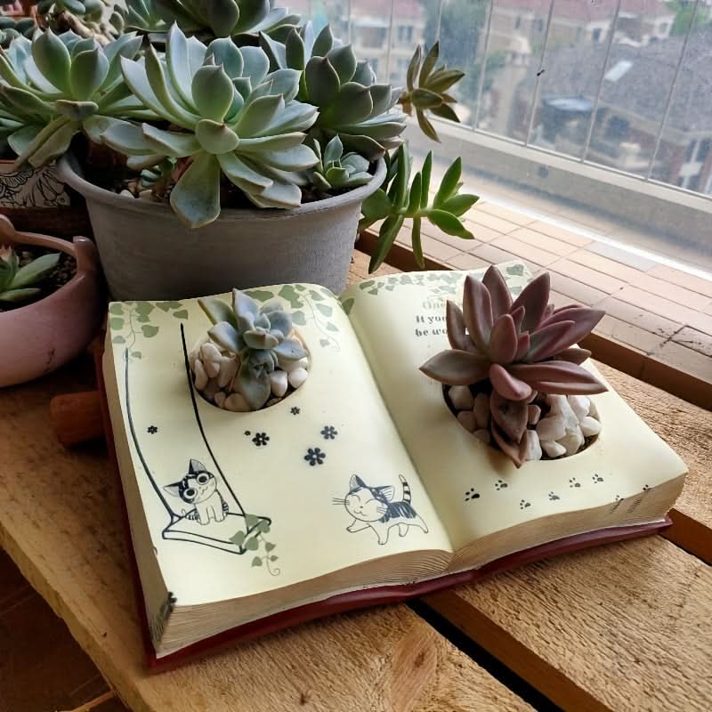 Modern Resin Book Planter with Drainage Hole
