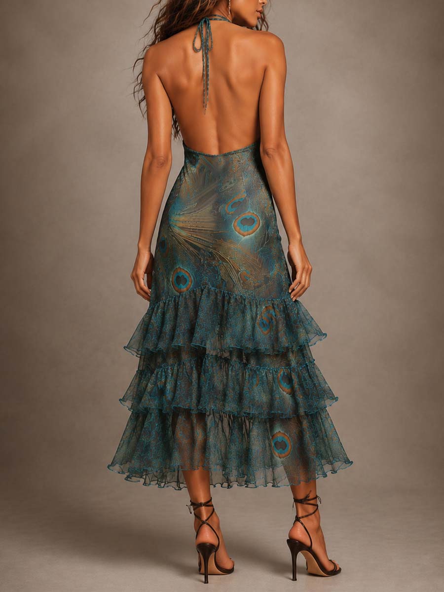 Vintage Peacock Print Chiffon Halter Tiered Ruffle Midi Dress