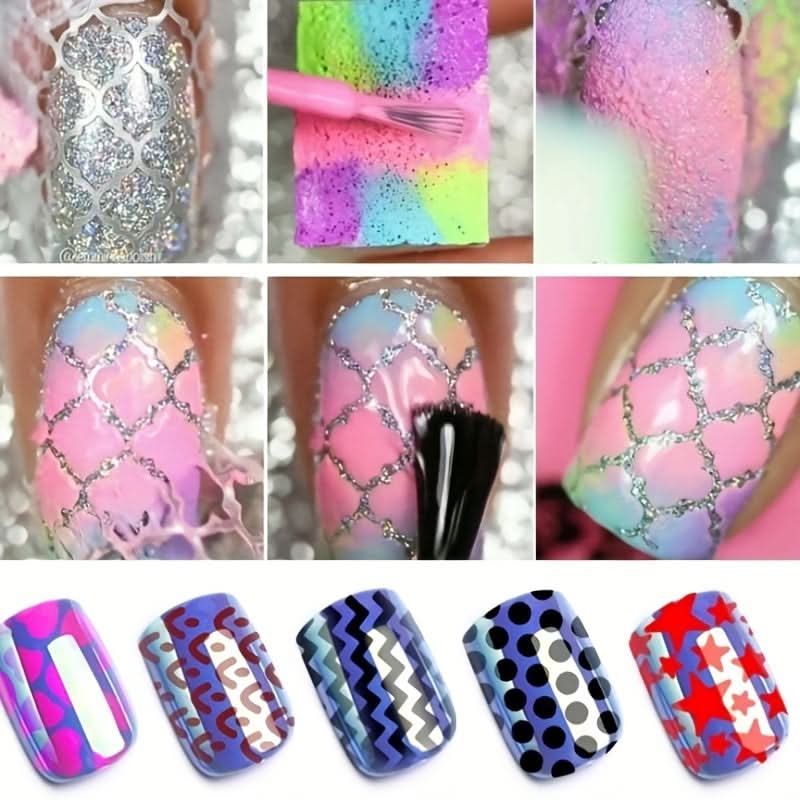 24-Piece Nail Art Vinyl Stencil Set - Glitter Plaid Design