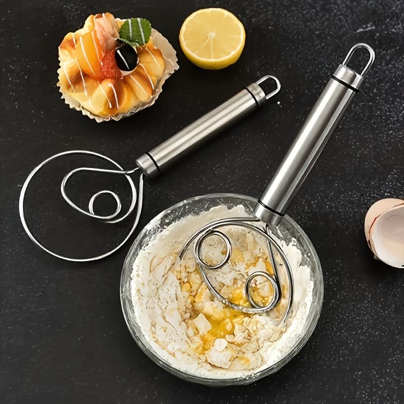 Stainless Steel Dough Mixer with Scraper - Handheld Dual-Hole Whisk