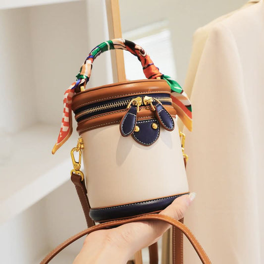 Vibrant Colorblock Cylinder Bucket Bag with Scarf