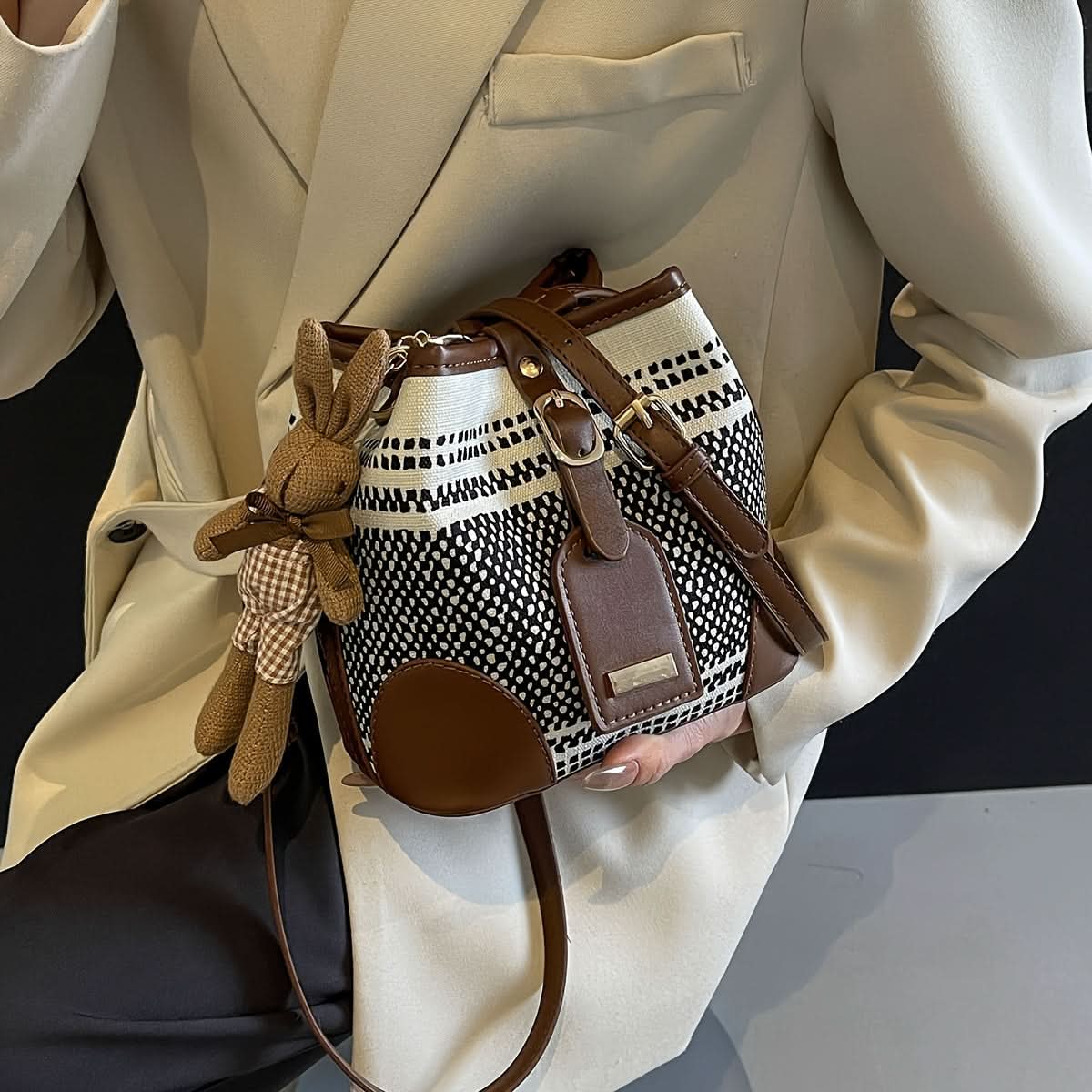 Women's Mini Contrast Color Canvas Shoulder Bag with Bunny Pendant