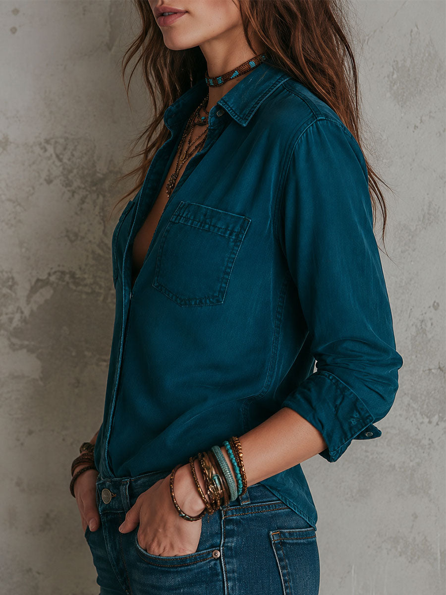 Vintage Shirt Collar Slim-fit Washed Denim Blouse With Patch Pockets