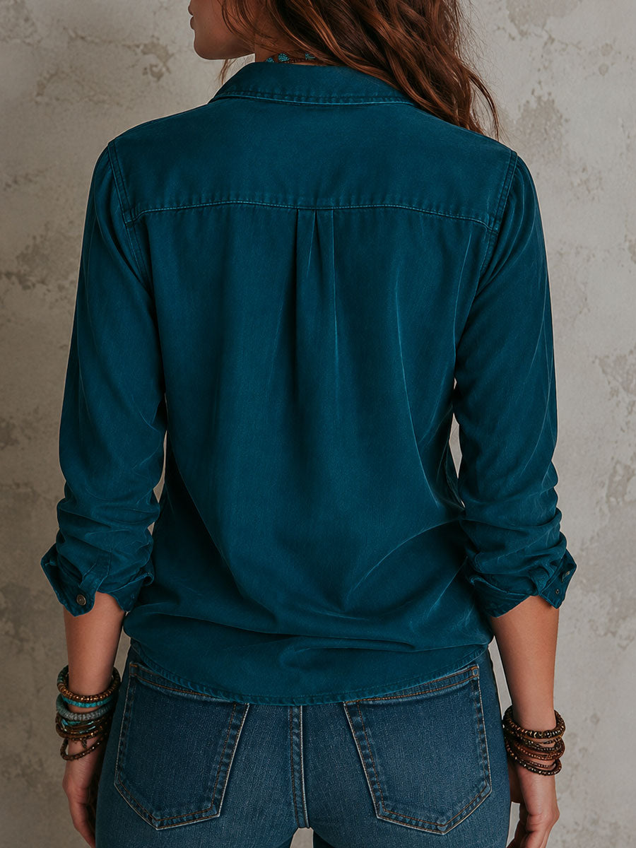 Vintage Shirt Collar Slim-fit Washed Denim Blouse With Patch Pockets