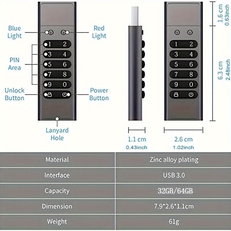64GB Encrypted USB Drive with Keypad Lock