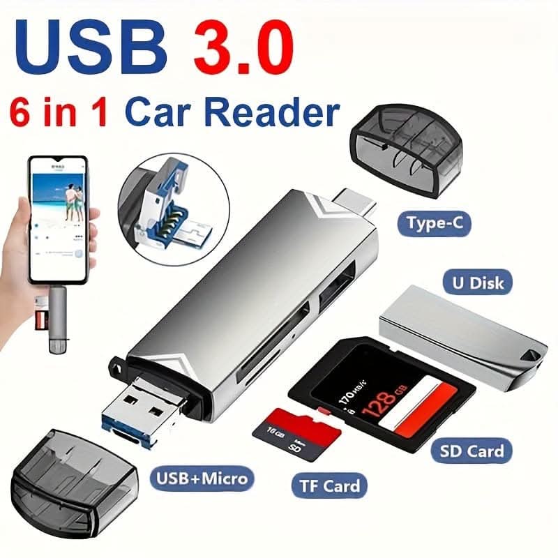 6-in-1 USB 3.0 Card Reader - High-Speed 5Gbps Transfer with Type-C Interface