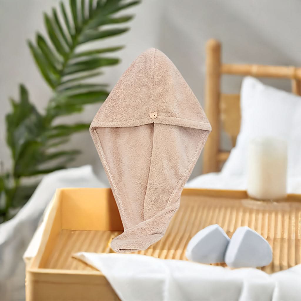 Ultra-Soft Coral Fleece Hair Drying Towel – Quick-Dry, Odor-Free, Cute Bear Button