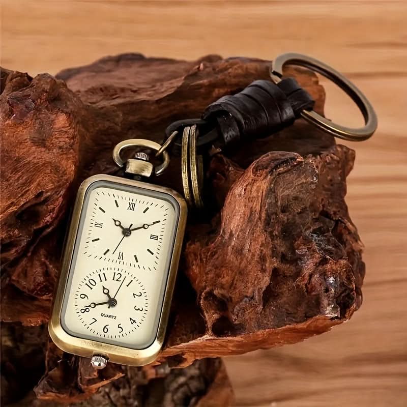 Vintage Dual Time Zone Quartz Pocket Watch Keychain – Rectangle Dial
