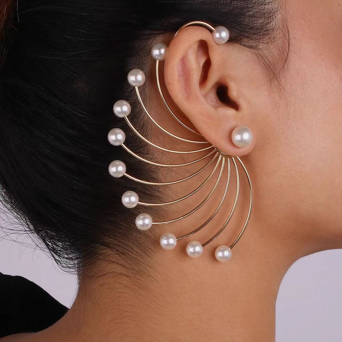 Pearl Fan Shaped Earrings – Geometric Gold-Plated Earrings for Women