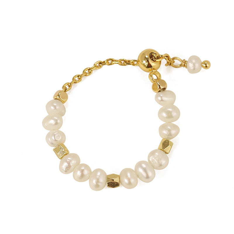 Adjustable Pearl Chain Ring – Elegant Gold Open Ring for Women