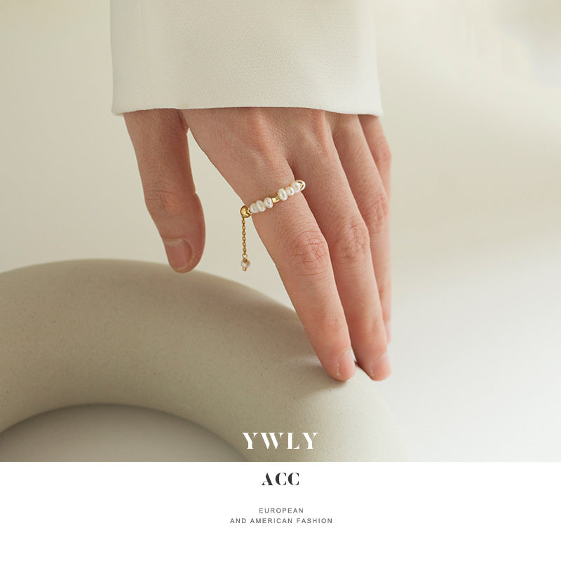 Adjustable Pearl Chain Ring – Elegant Gold Open Ring for Women