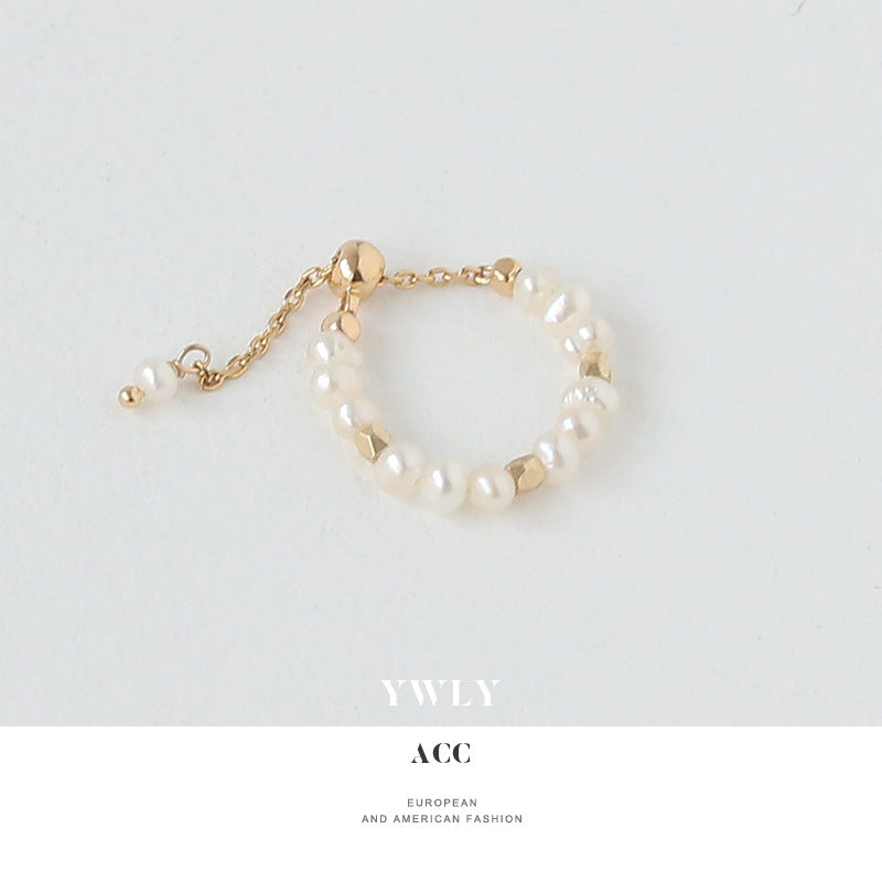 Adjustable Pearl Chain Ring – Elegant Gold Open Ring for Women