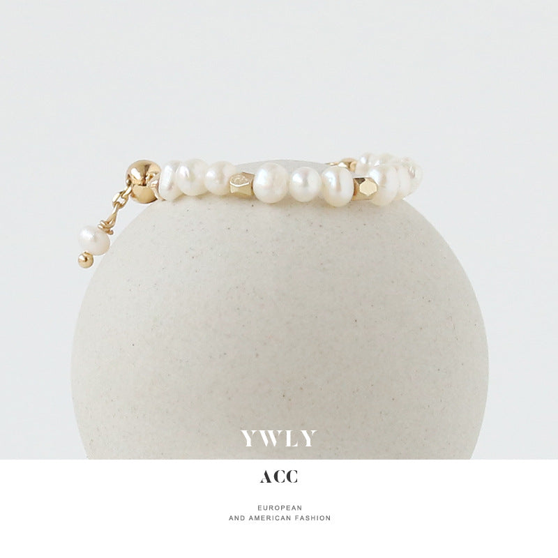Adjustable Pearl Chain Ring – Elegant Gold Open Ring for Women