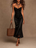 Vintage Lace Cami Spliced Satin Lace Hem Midi Dress