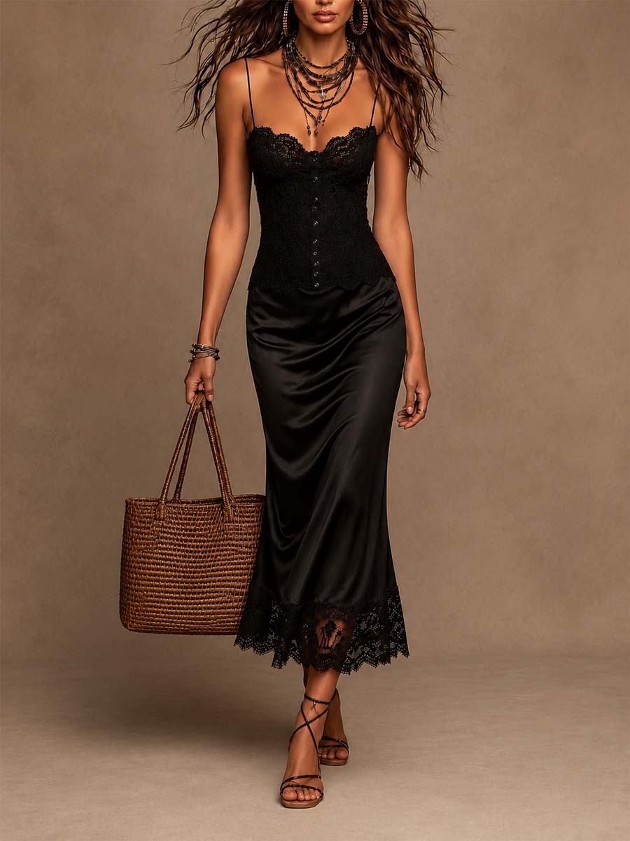 Vintage Lace Cami Spliced Satin Lace Hem Midi Dress