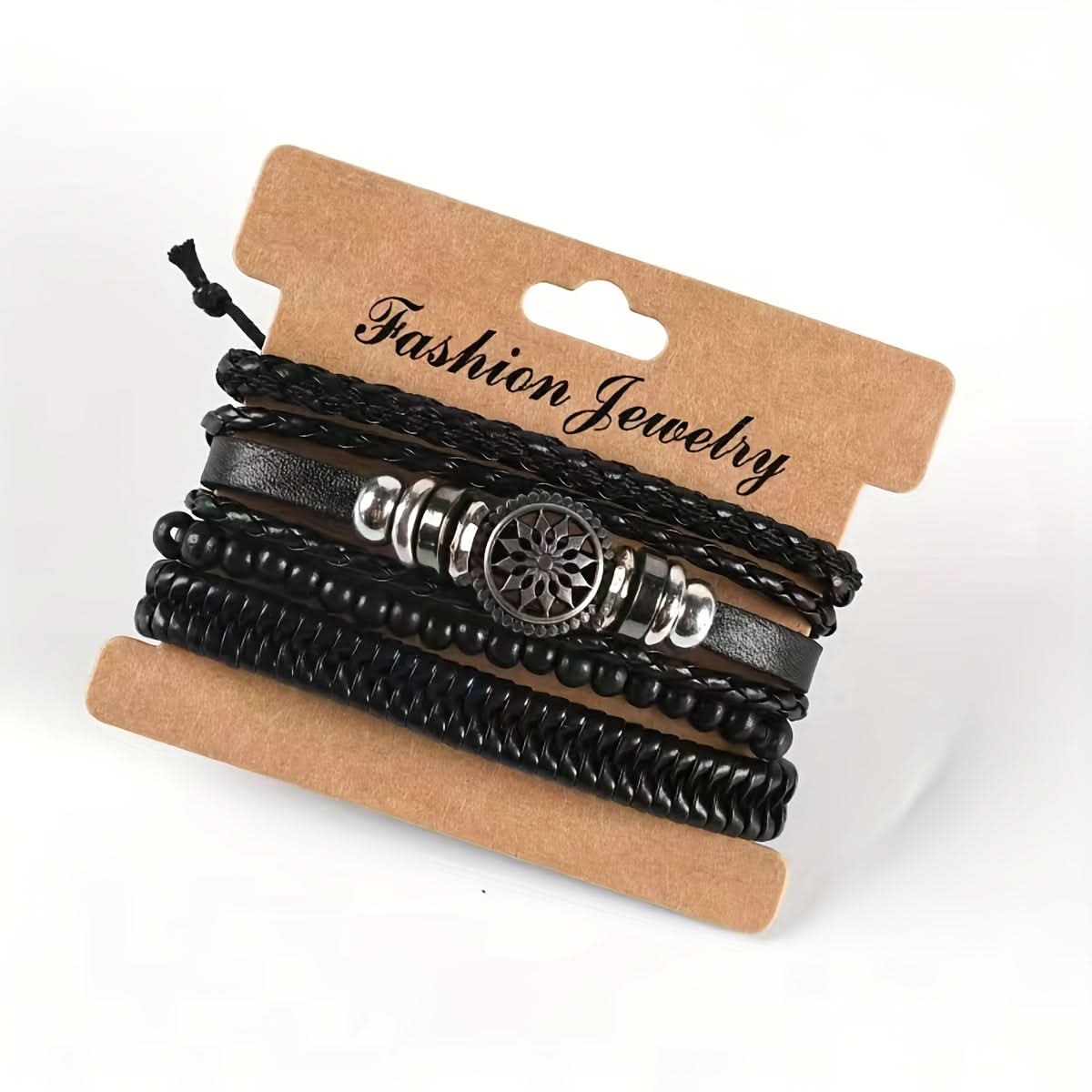 Vintage Leather Anchor Bracelet Set, 4-Piece Boho Style