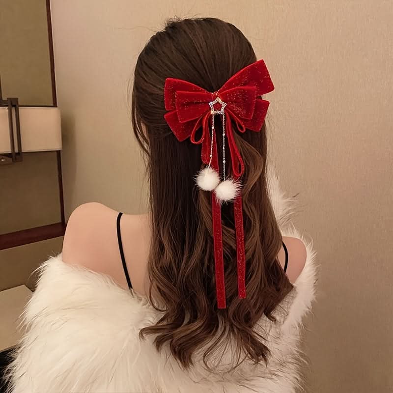 Christmas Plush Bow Hair Clip with Star Charm