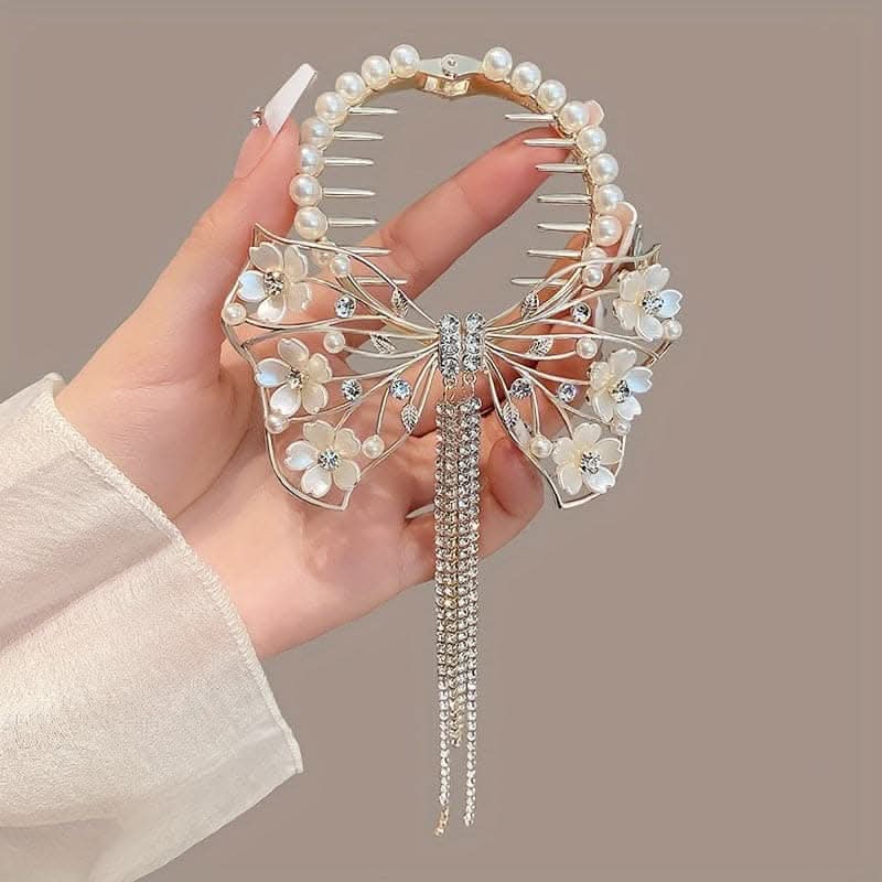 Luxurious Butterfly Flower Hair Clip – Alloy, Pearl & Rhinestone Design