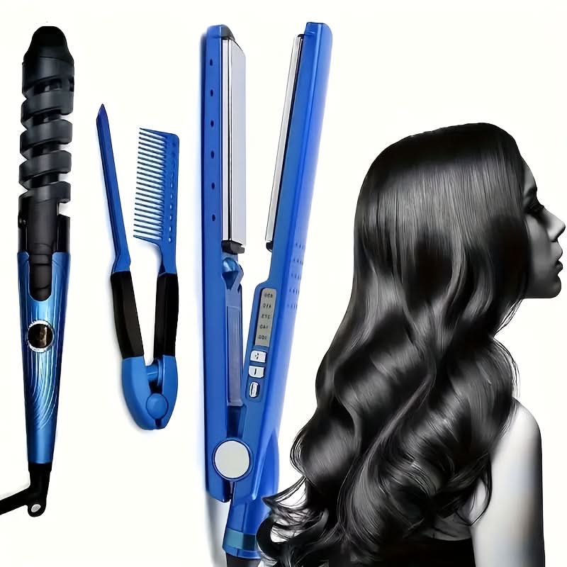 3-Piece Blue Hairdressing Tools Set - Straightener, Curler, V-Brush